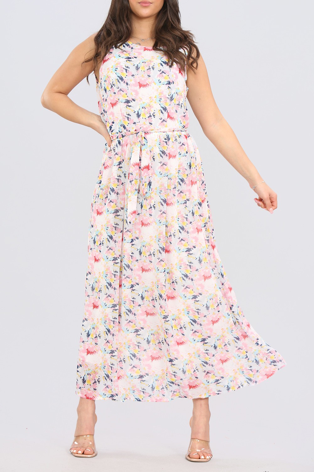 Abstract Print Tie Waist Maxi Dress