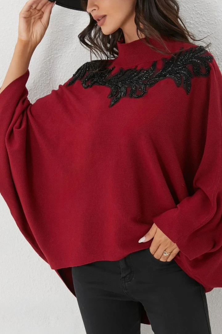NECK EMBELLISHED OVERSIZED JUMPER - WINE