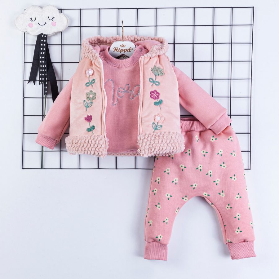 Baby Girls Three Piece Flower Fur Gillet Set