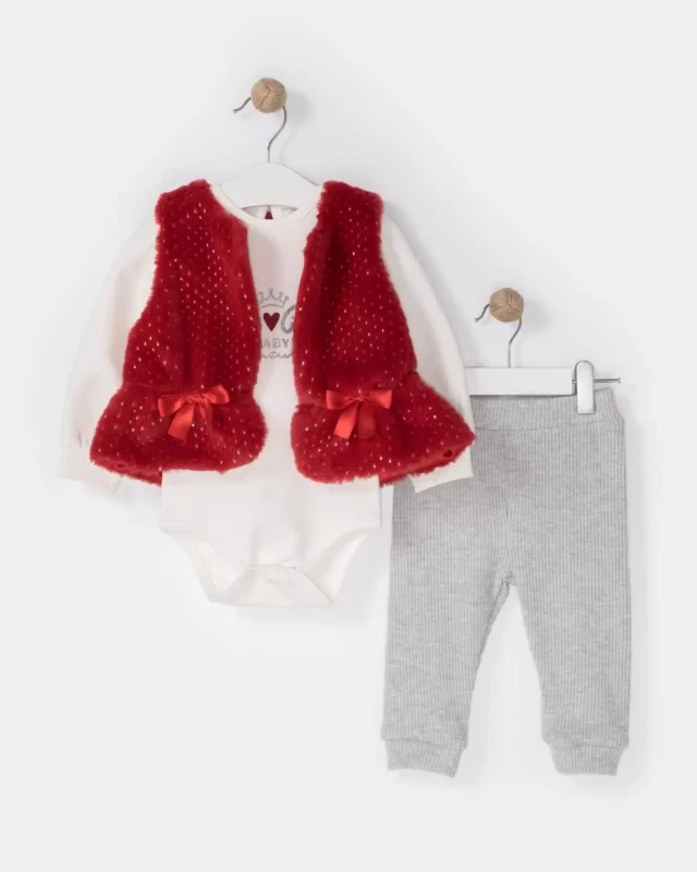 Baby Girls Three Piece Fur Gillet, Angel Romper & Bottoms Set (6-18M)
