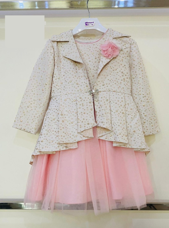 Girls Polka Dot Party Dress & Layered Jacquard Jacket Set (2-12Y) - PINK