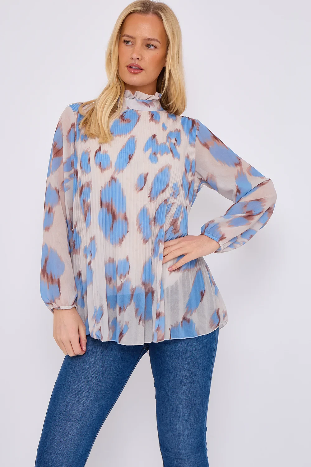 PLEATED LEOPARD HIGHNECK BLOUSE