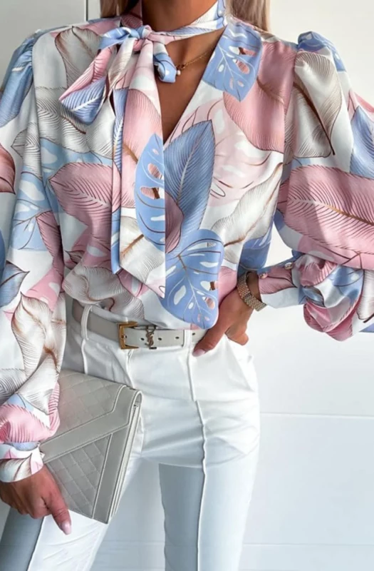 ASTONIA LEAF PRINT PUSSYBOW BLOUSE SHIRT TOP