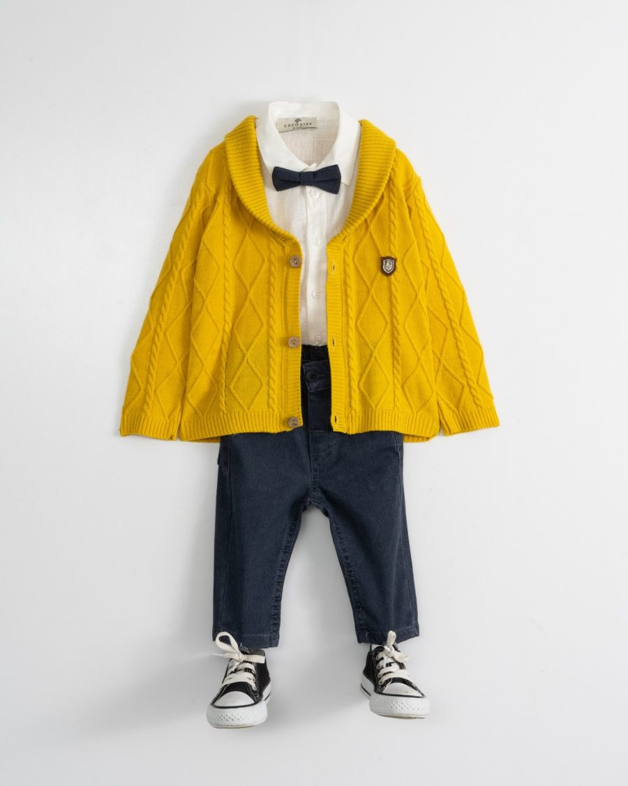 Baby Boys Three Piece Cable Knit Cardigan, Shirt & Chinos Set with Bow Tie(6-24M) -kids