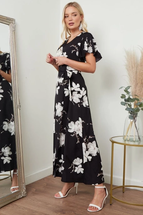 Wrap Front Maxi Dress in Black Floral Print
