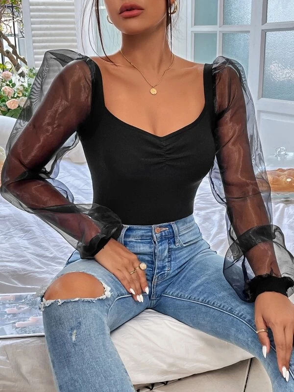 Ruched Sweetheart Neck Contrast Mesh Lantern Sleeve Jumper