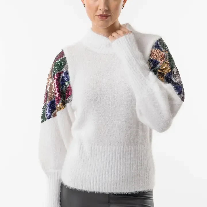 Mock Neck White Knit Jumper with Sequin Shoulder Detail