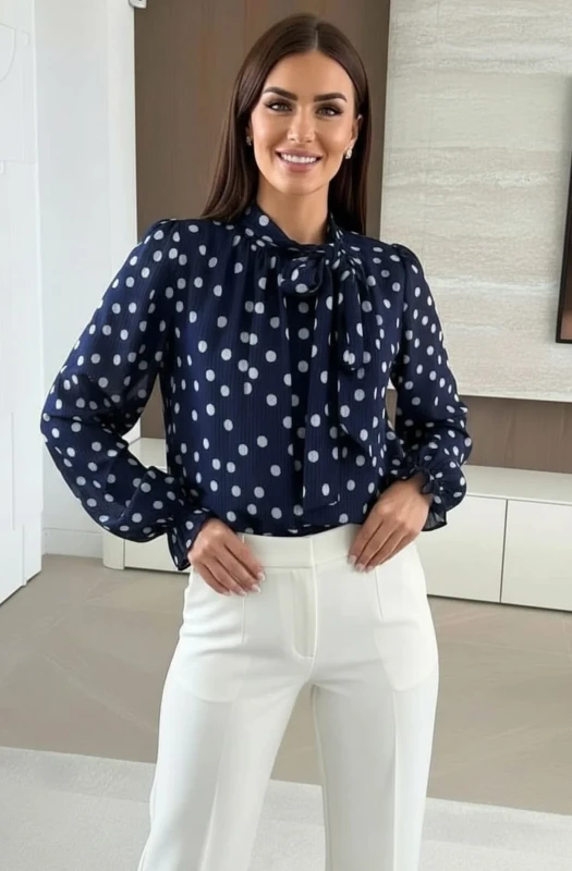 VIRGINIE POLKA DOT TIE NECK BLOUSE SHIRT TOP-NAVY