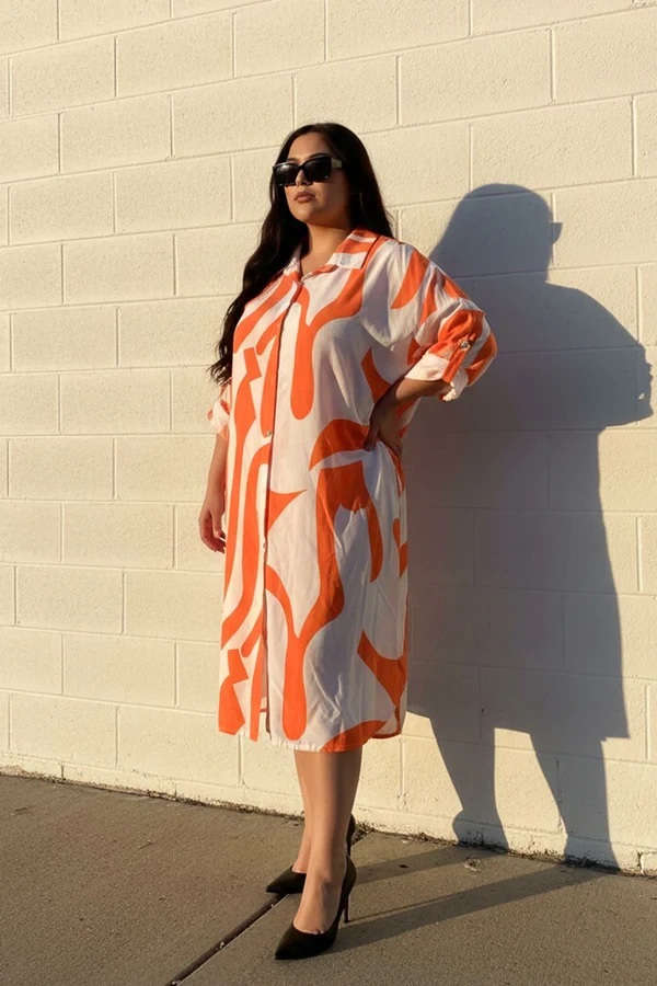 Abstract Print Button-Down Front Long Shirt Dress
