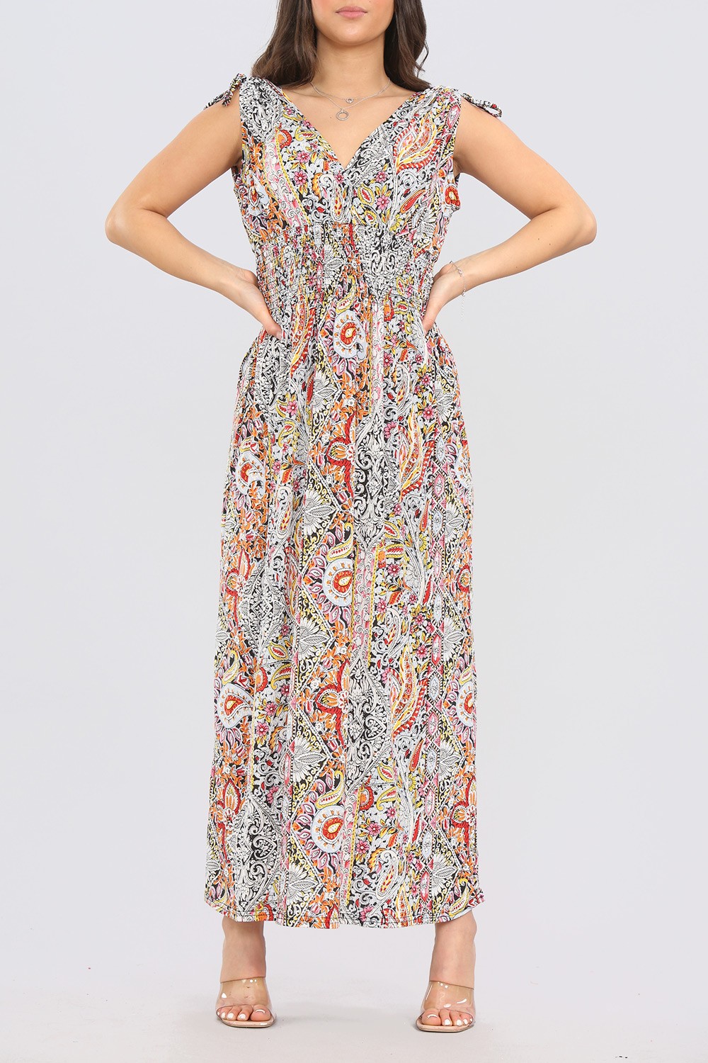 Shirred Waist Printed Maxi Dress