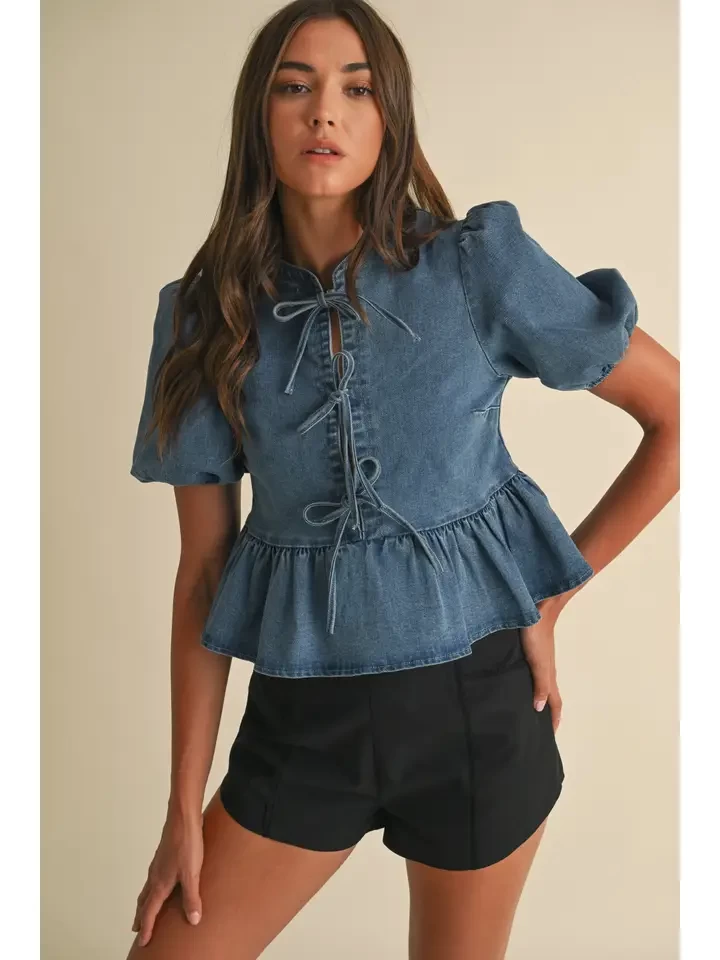 Bow Shortsleeve Denim Blouse Top