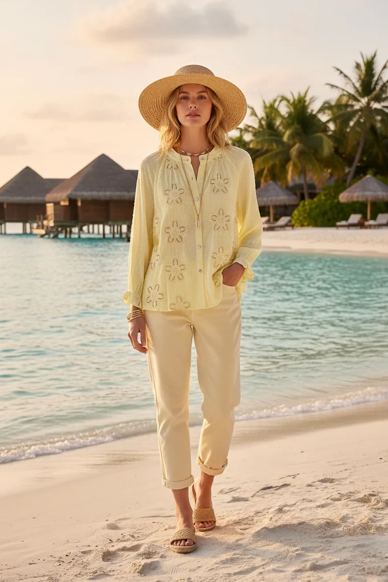 TEXTURED COTTON EMBROIDERY SHIRT - YELLOW