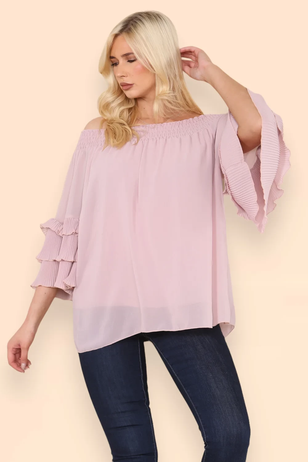 OFF SHOULDER PLEATED SLEEVE TOP