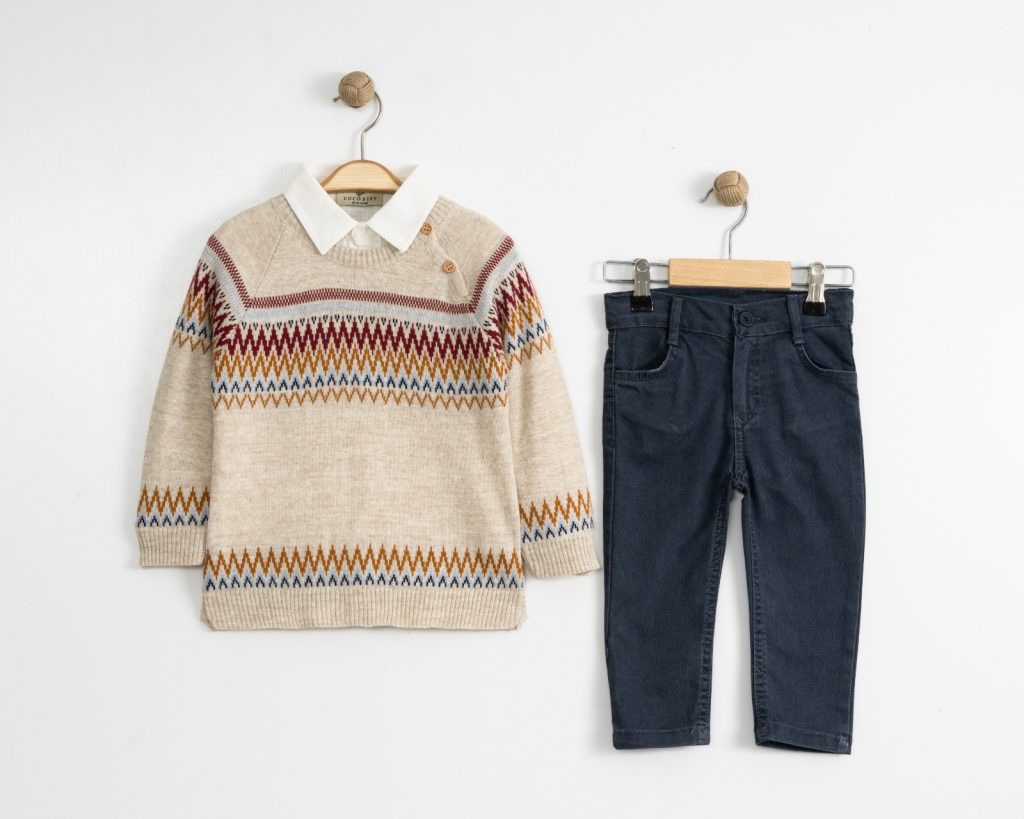 Baby Boys Three Piece Knitted Zig Zag Jumper, Shirt & Jeans