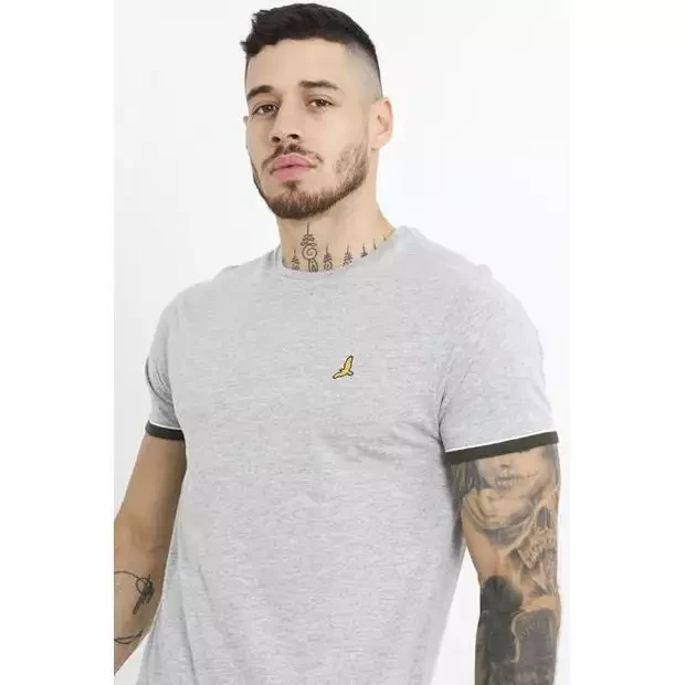 Gray contrast colour cuff and embroidery detail t-shirt