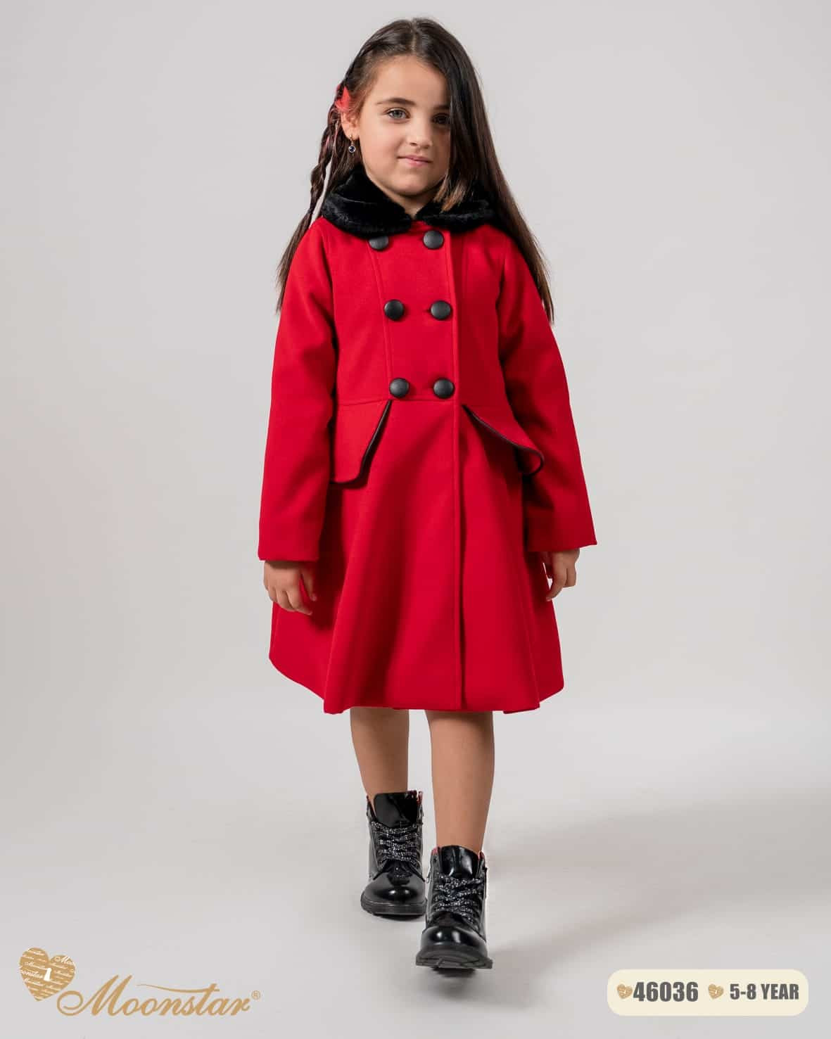 Girls Double Breasted Fur Collar Wooly Melton Coat (5-8Y)