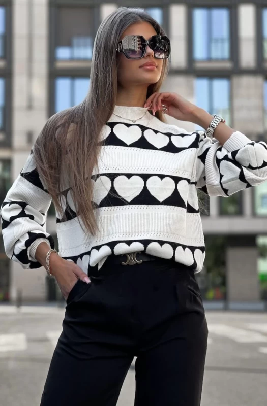 HARPER 'HEART' PRINTED KNITTED JUMPER SWEATER TOP-BLACK