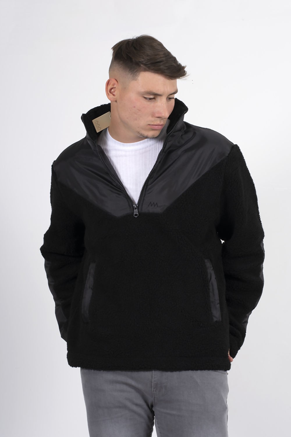 BLACK HALF ZIP HYBRID BORG PULLOVER HOODIE