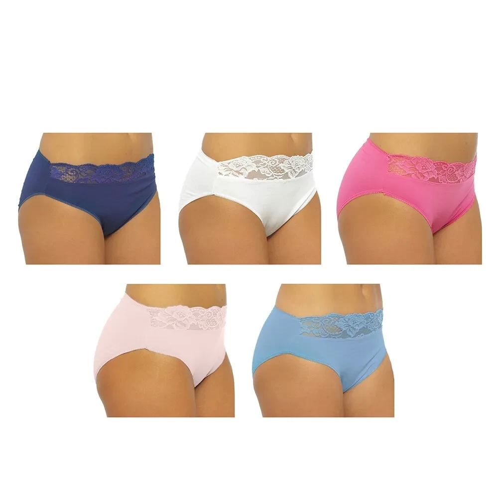 Ladies 5 Pack Lace Top High Leg Briefs