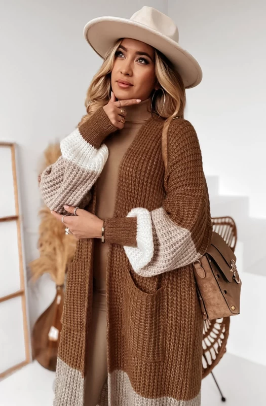 ZAMEKA LONGLINE KNITTED COLOUR BLOCK OPEN CARDIGAN-CAMEL