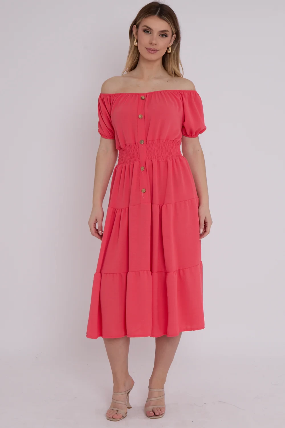 BUTTON DETAIL OFF THE SHOULDER DRESS