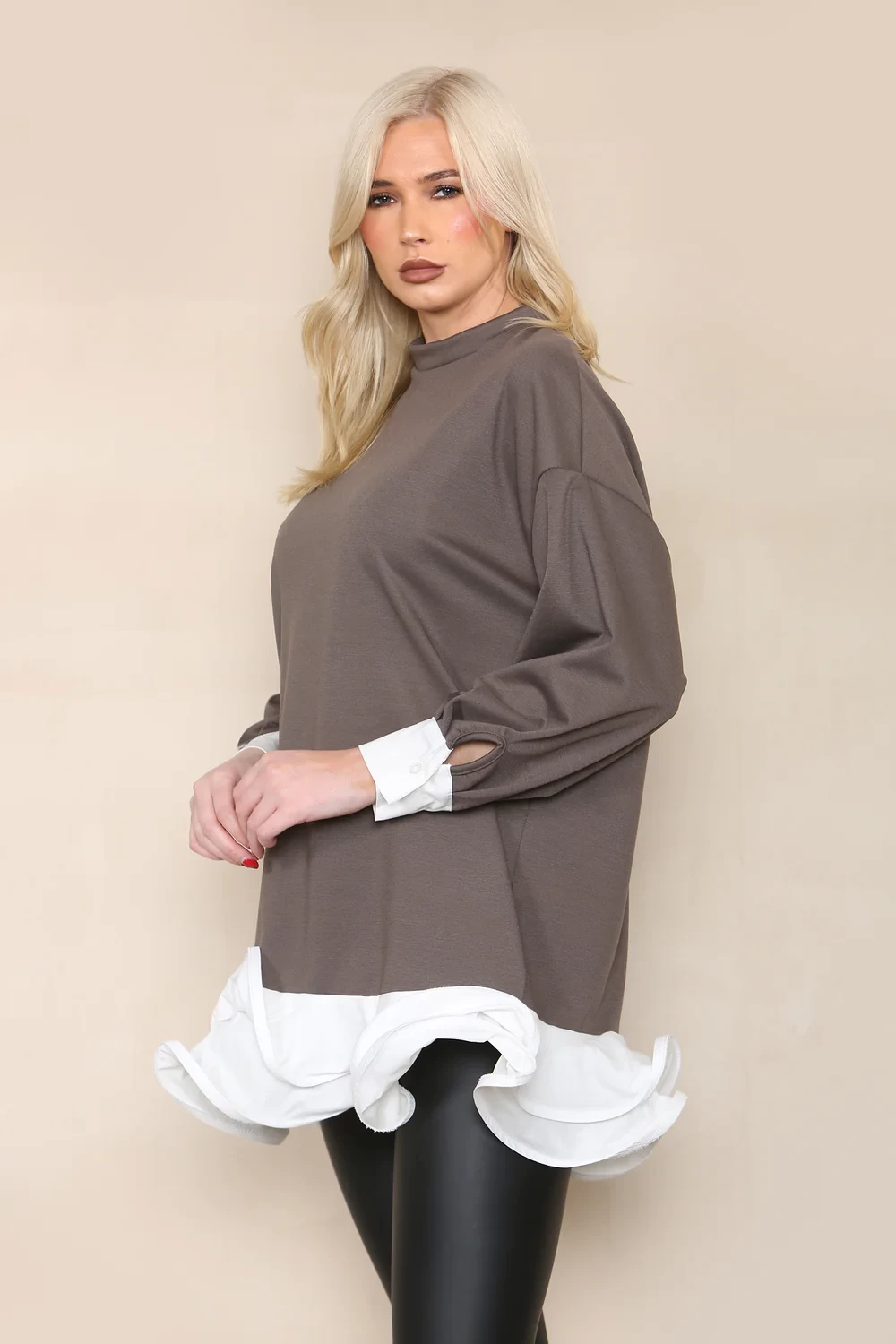 PEPLUM SHIRT DETAIL SWEAT - BROWN