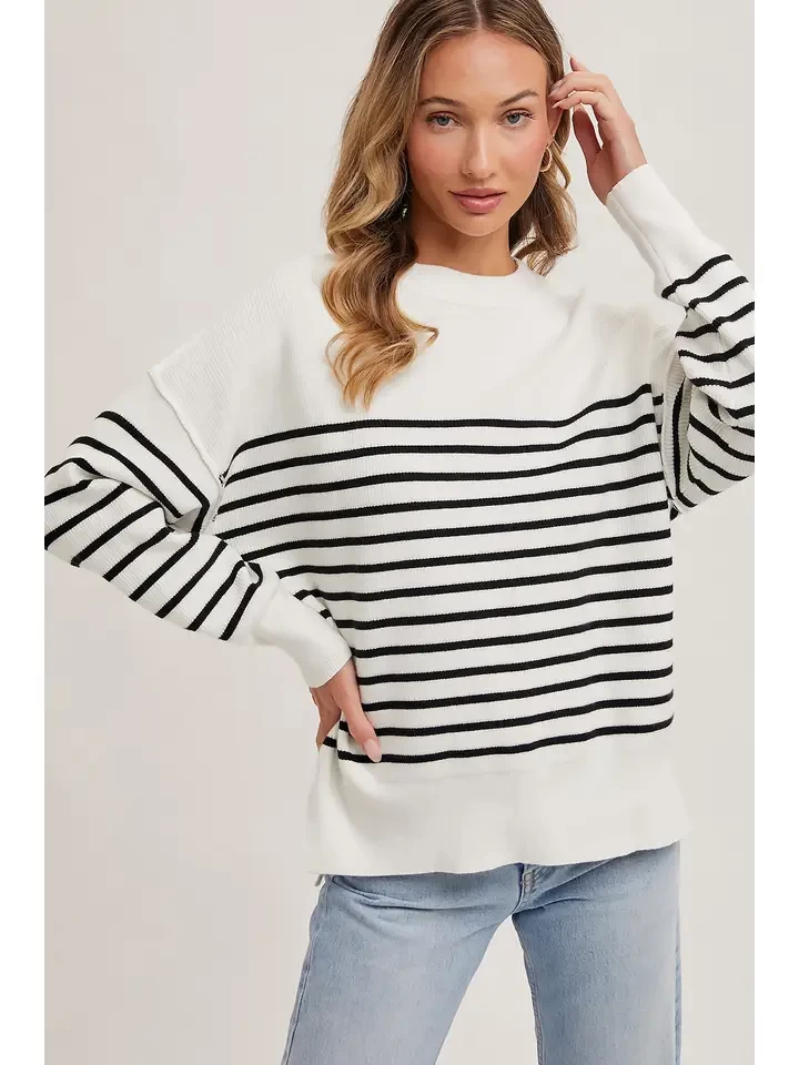 Striped Knit Side Slit Sweater Top