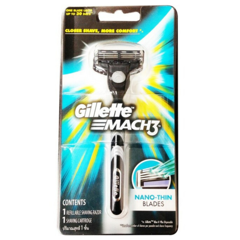 Gillette Mach 3 Men's Refillable Shaving Razor and Shaving Cartridge With Nano Thin Blades
