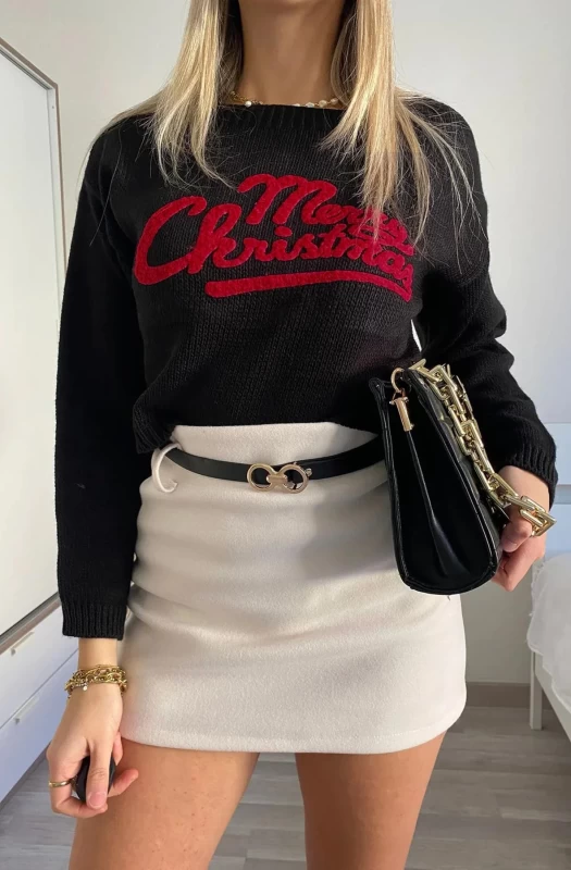 'MERRY CHRISTMAS' PRINTED KNITTED JUMPER SWEATER TOP-BLACK