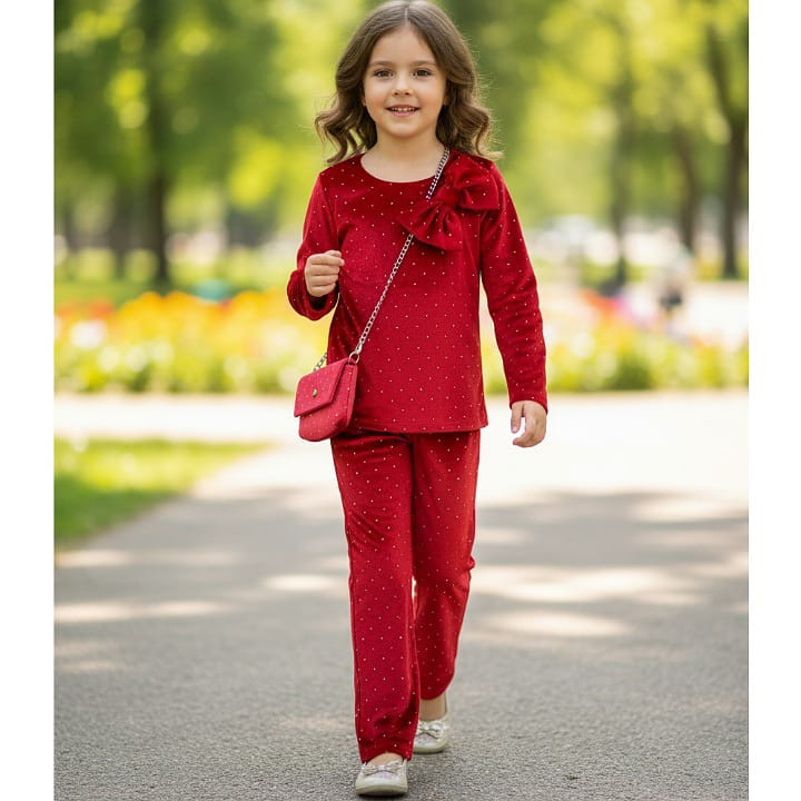 Girls Two Piece Full Diamante Velvet Co-Ord Set with Purse (4-14Y)