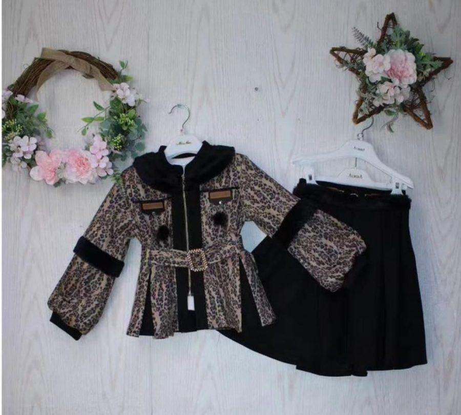 Girls Two Piece Leopard Print Belted Jacket & Skirt Set