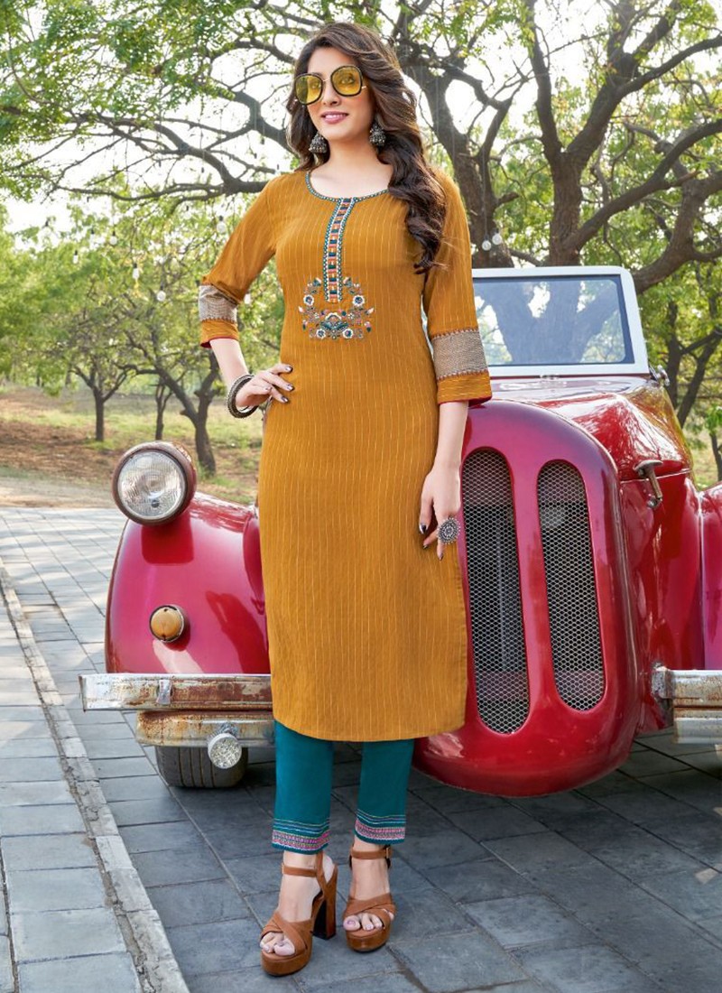 Kesar Vol 5 Nylon Viscose Hand Embroidery Kurtis With Pants Collection
