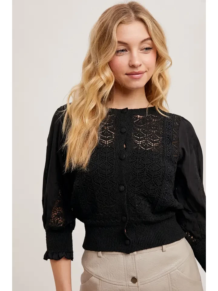 Button Front Crochet Knit Blouse Top