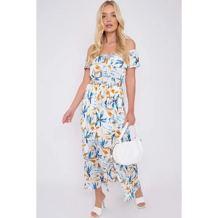 Blue Mustard Floral Print Bardot Maxi Dress