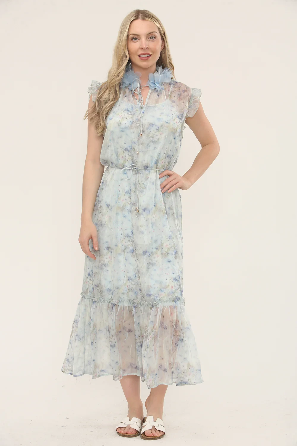 BELTED FLORAL MIDI DRESS