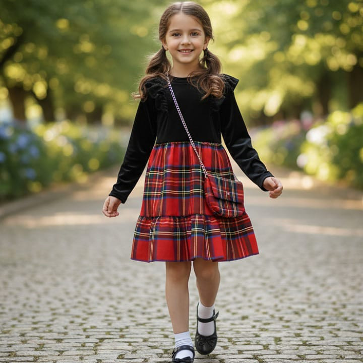 Girls Full Sleeve Velvet Tartan Dress with Purse (4-14Y)
