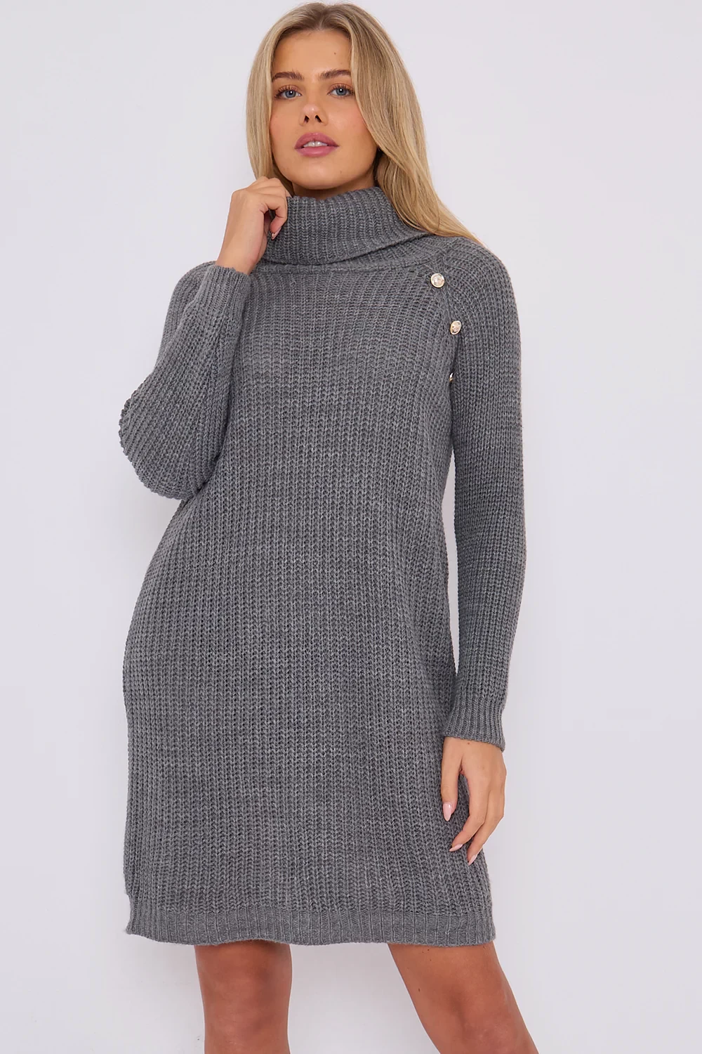 DELLA GOLD BUTTON KNIKT POLONECK JUMPER DRESS