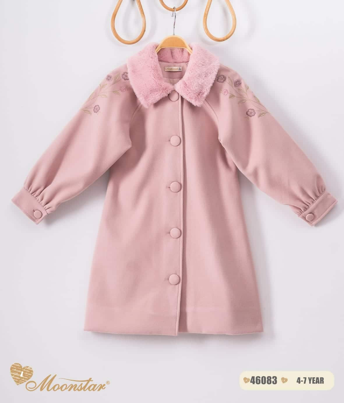 Girls Floral Embroidered Sleeve Fur Collar Wooly Melton Coat (4-7Y)