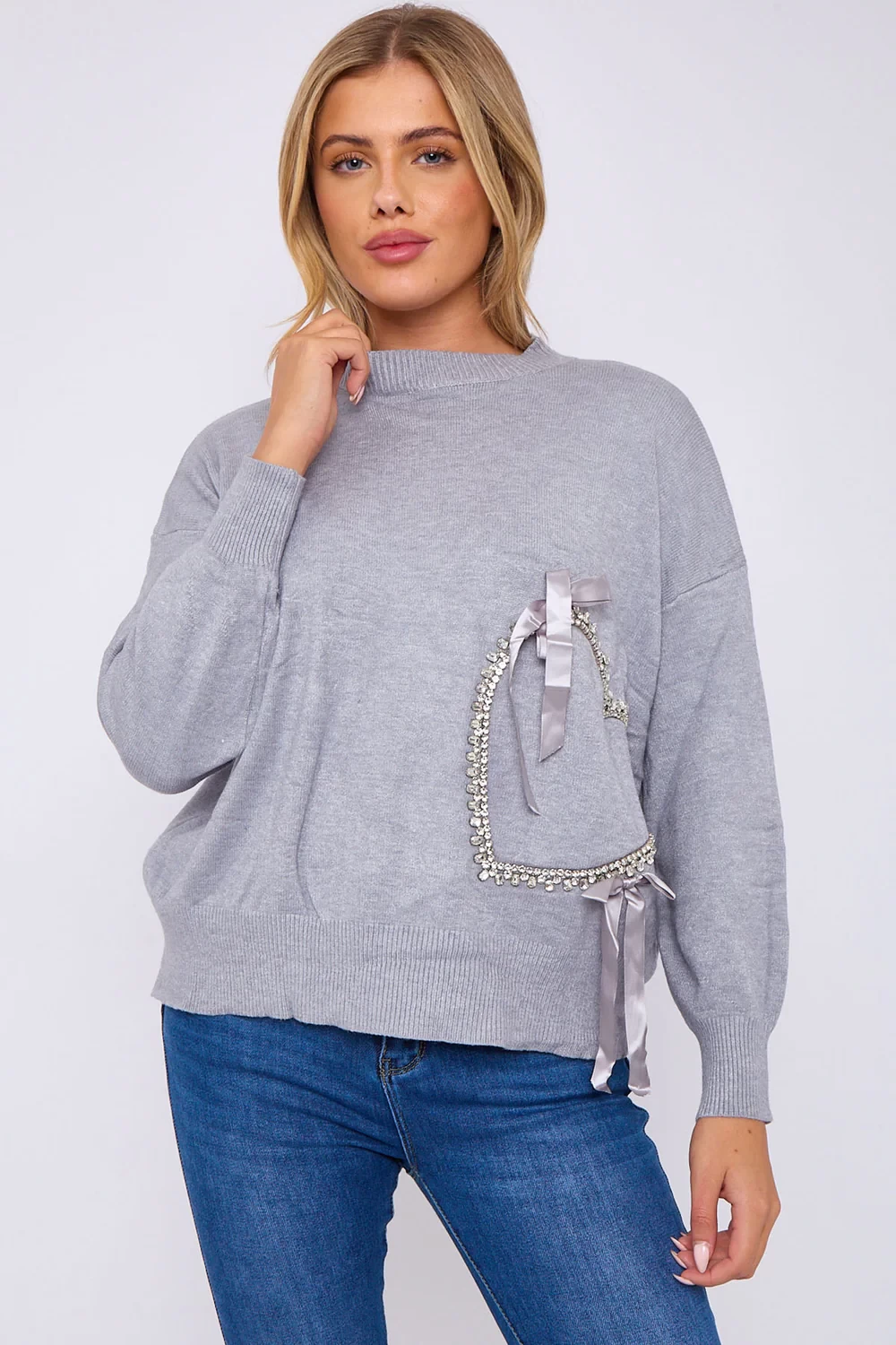 EMILY HEART EMBELLISHED BOW JUMPER