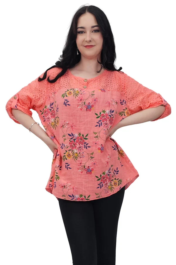 Floral Print Lace Detailing Tunic Cotton Top