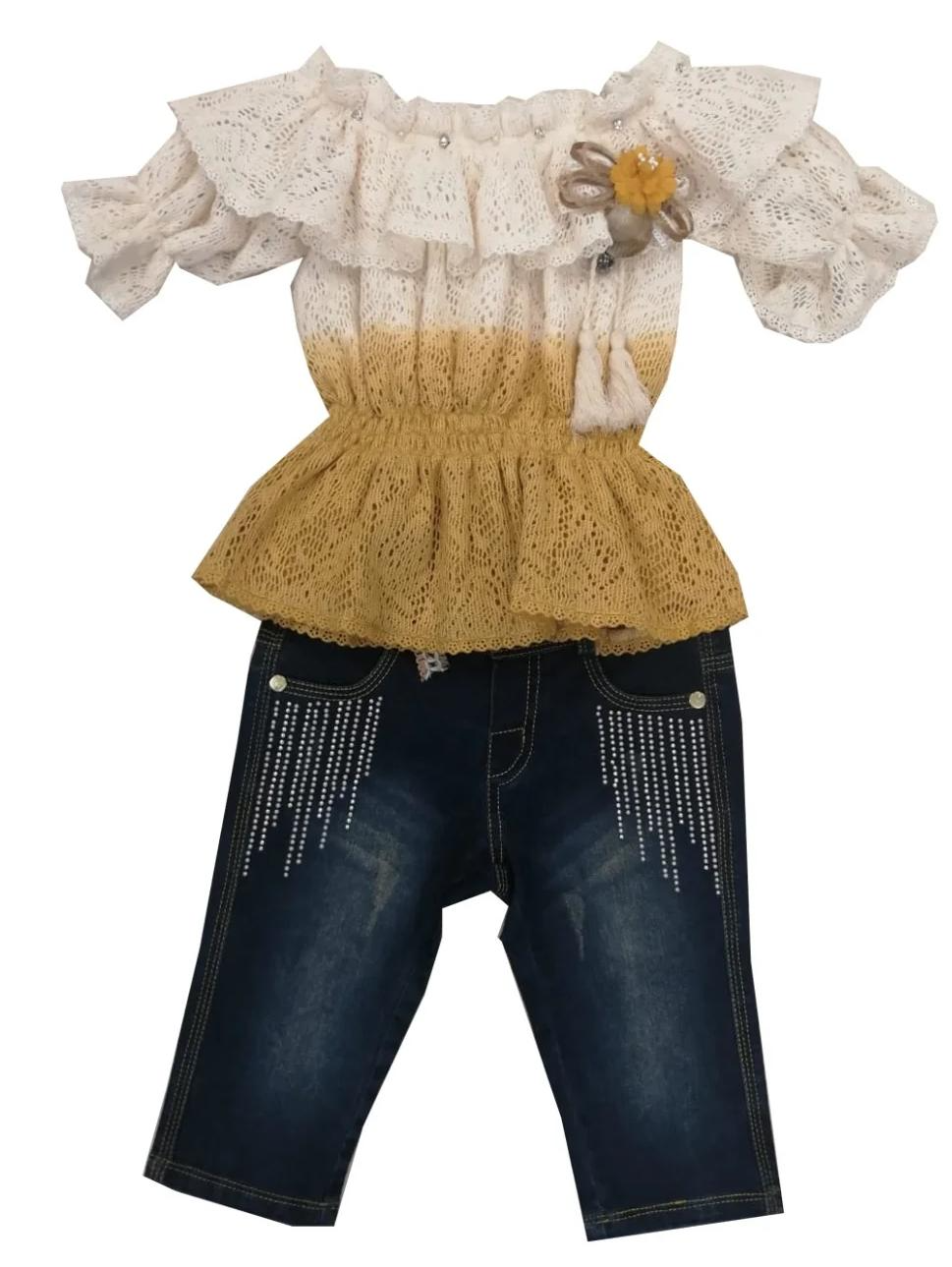 Girls Layered Two Tone Net Top & Denim Shorts Set (2-5Y)