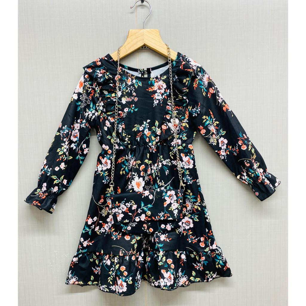 Girls Full Sleeve Floral Print Frilly Dress with Purse (4-14Y)