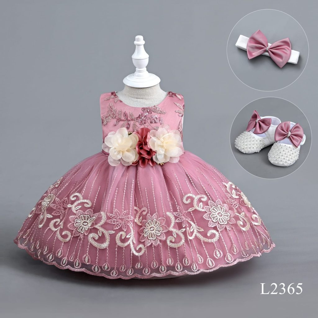 Baby Girls Sequins Floral Party Dress with Shoes and Headband (6-24M)