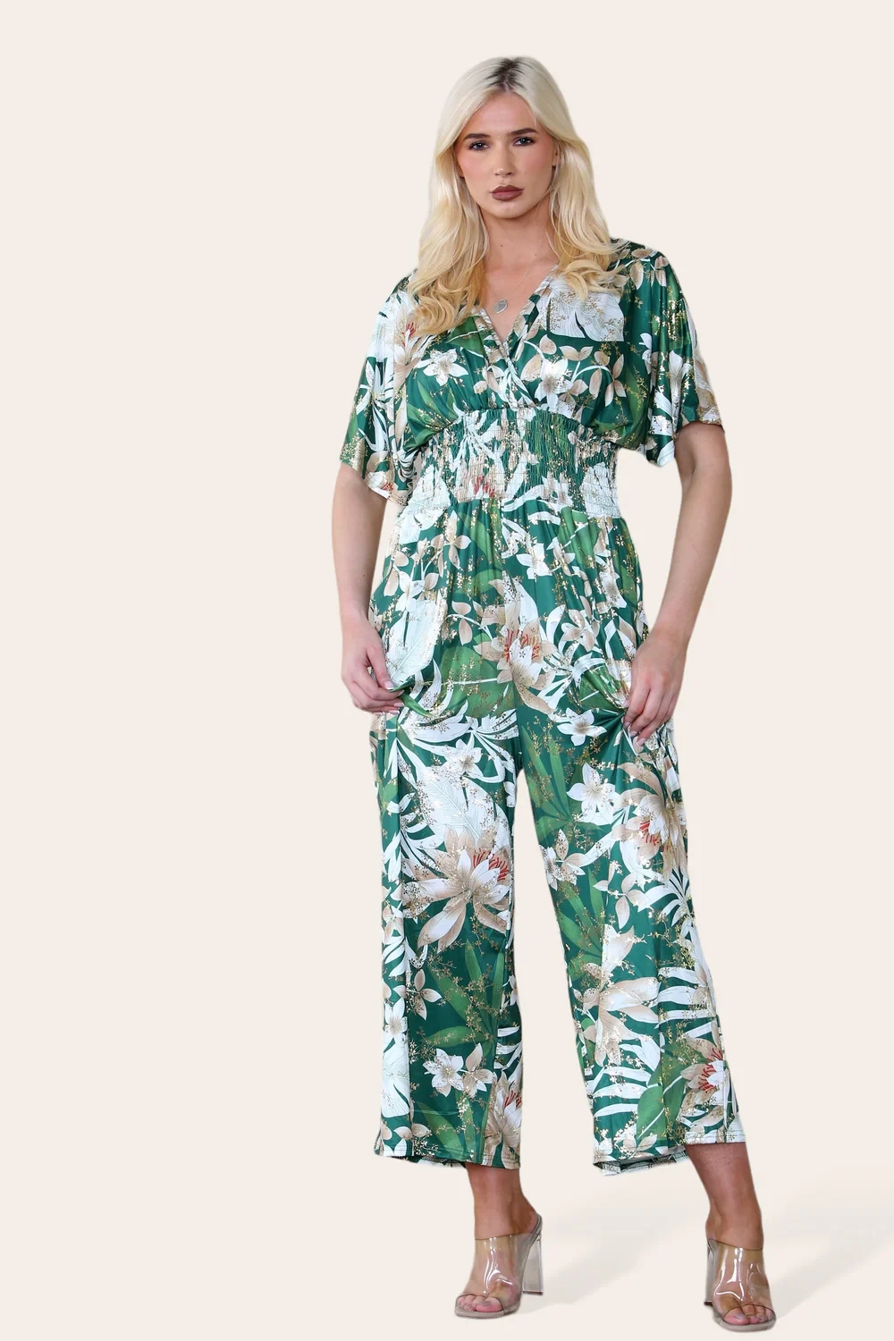 LEAF PRINT GATHERED JUMPSUIT