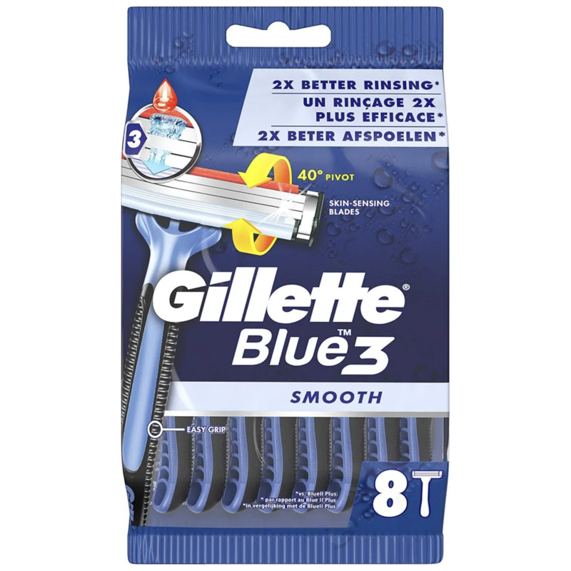Gillette Blue 3 Smooth Men's Disposable Razors With 3 Skin Sensing Blades 8Pack