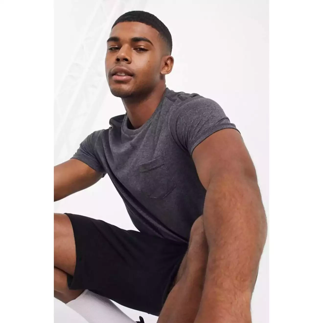 Dark grey chest pocket ribbed crew neck t-shirt