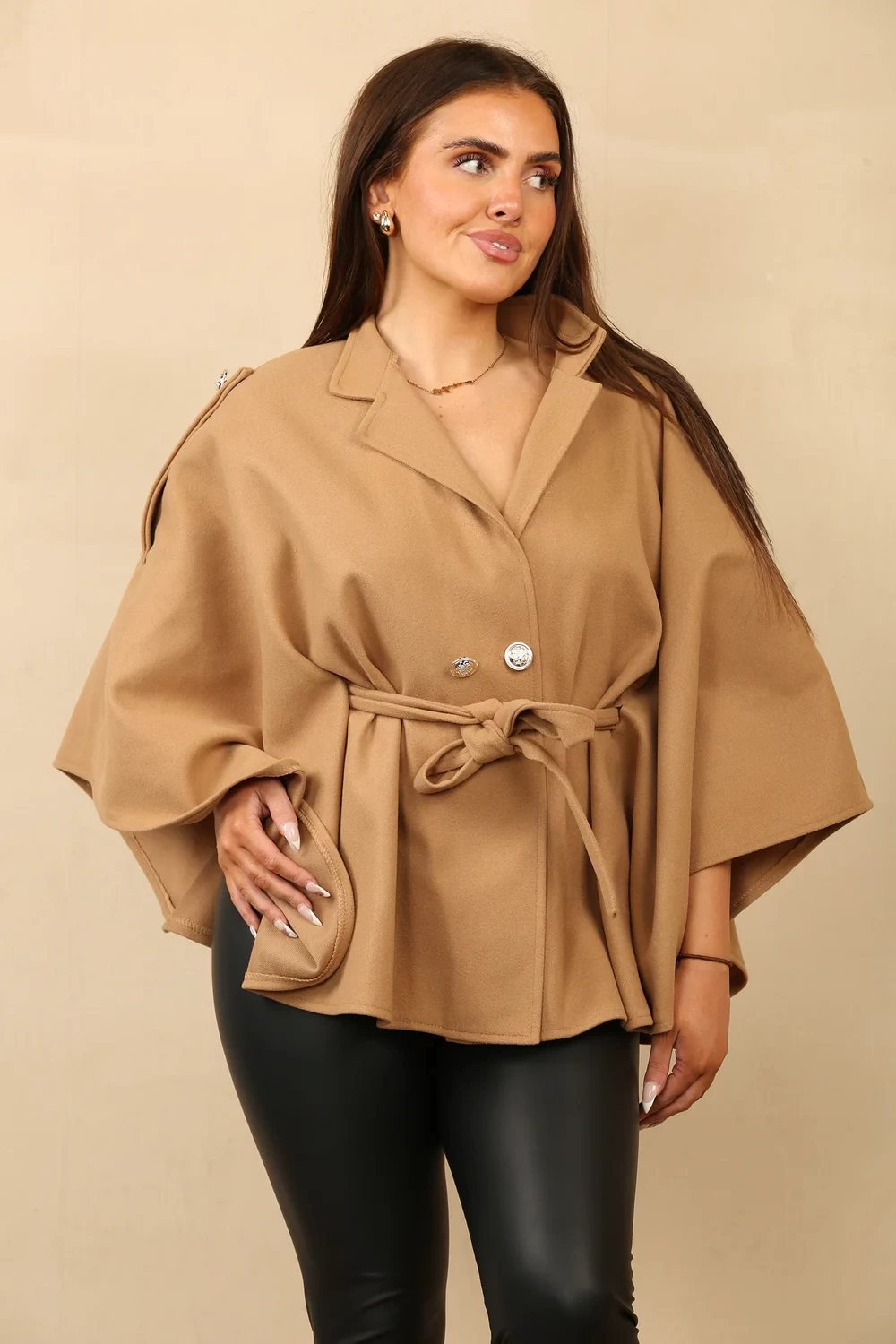 BELTED SHOULDER GOLD BUTTON CAPE
