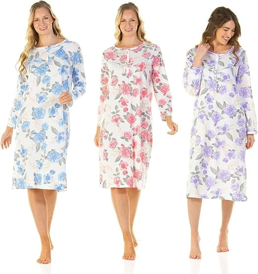 Ladies Roses Floral Jersey Long Sleeve Nightdress by Lady Olga