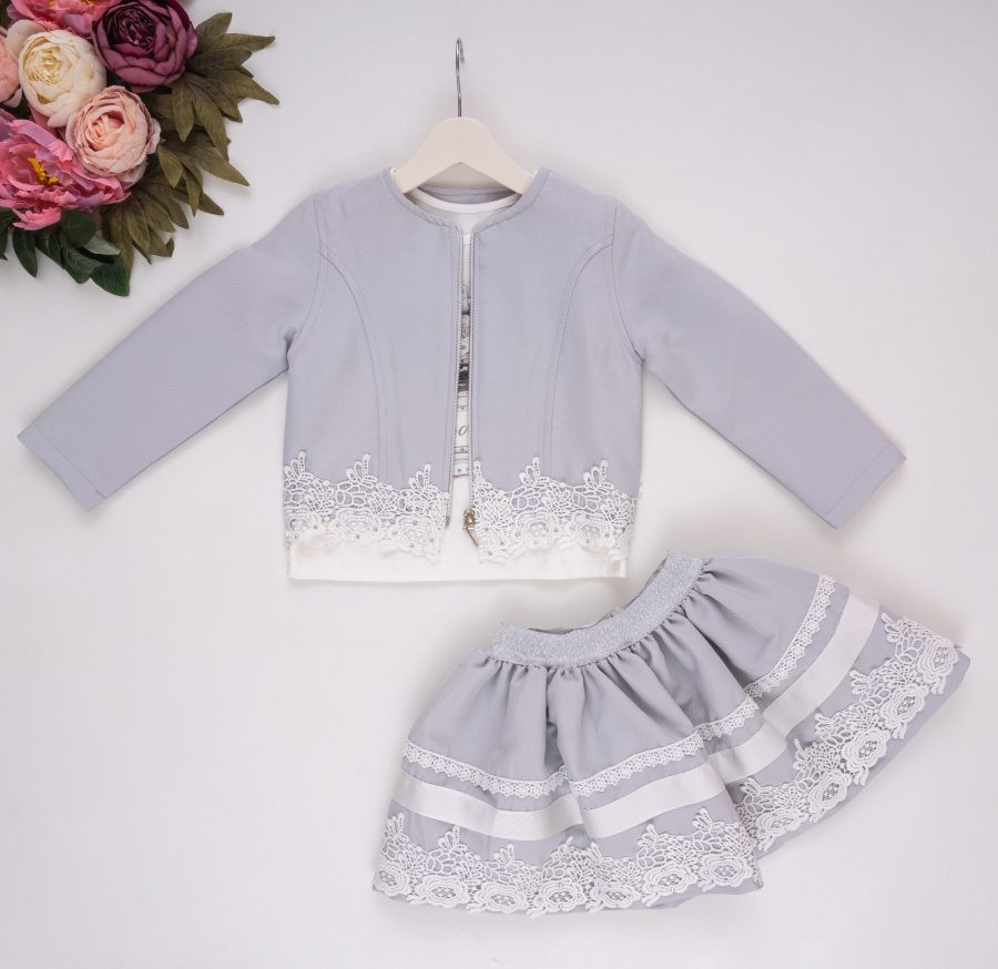 Girls Three Piece Lace Trim Diamante Jacket Skirt Set (2-5Y)