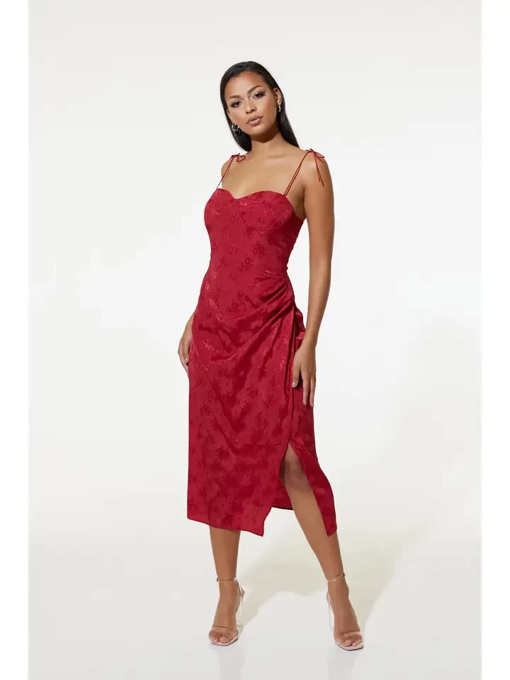 Elena Dress in Recycled Red Rose Jacquard